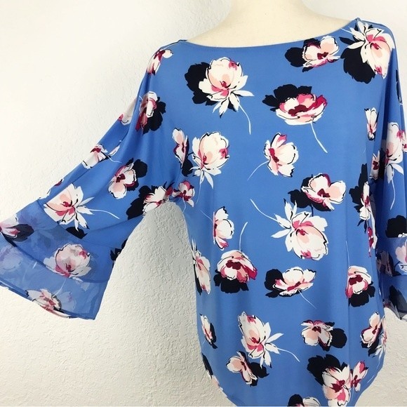 Roz & Ali Floral Flutter Sleeve Ruffle Bell Blue Pink Blouse Flowy Dressy Top XS - Picture 7 of 16